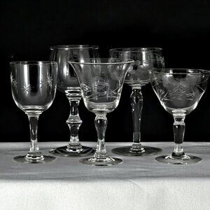 5 Mismatched Vintage Cocktail Glasses Etched Floral Romancic mixed drinks party